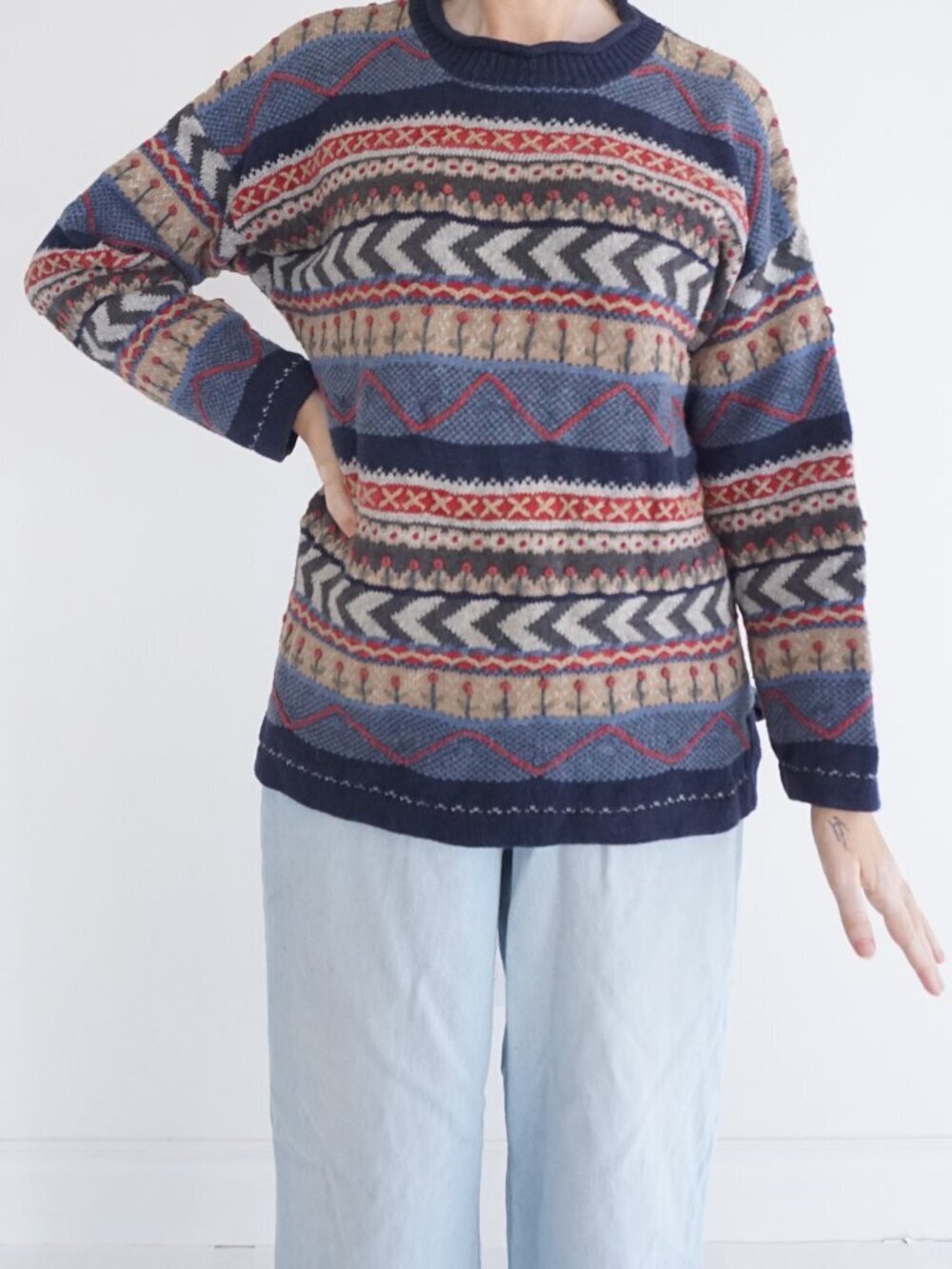 Vintage H Baskin Navy Fair Isle Nordic Embroidered Cotton Blend Knit Sweater L